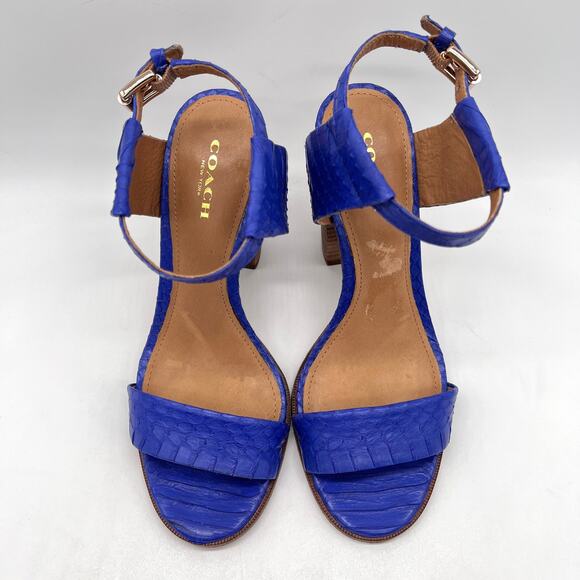 COACH Lexey Snake Embossed Leather Sandals 6 Cobalt Blue Stacked Block Heel - Picture 3 of 11